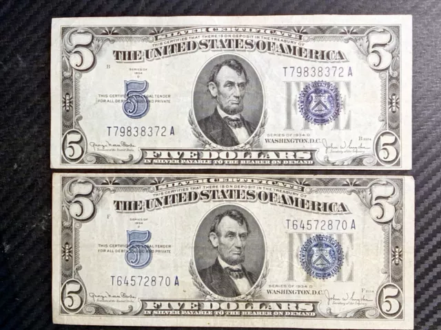 Lot of 2 1934d US Blue Seal $5 Silver Certificates - ERROR: Mis-Cut