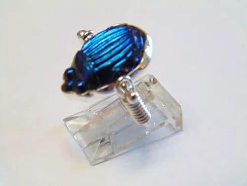Tiffany Antique Cobalt Blue Favrile Art Glass Scarab Sterling Swivel Ring  5 1/2