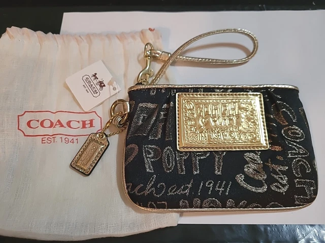 Coach Poppy Story Patch Wristlet - Black & Gold - NWT
