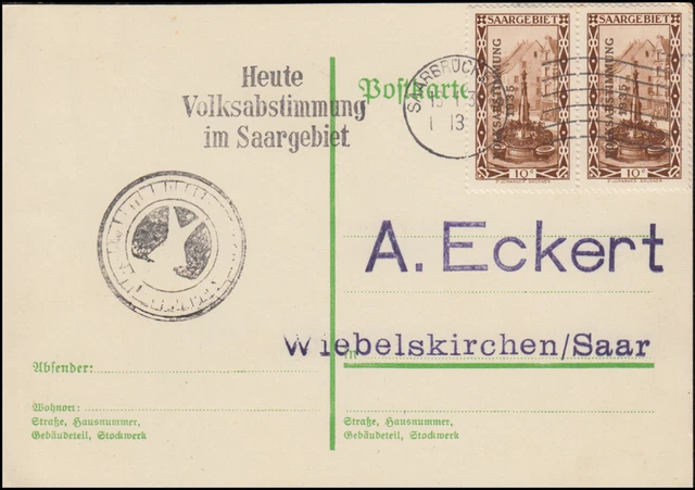 179 Freimarke Drucksache SAARBRÜCKEN Heute Volksabstimmung im Saargebiet 13.1.35