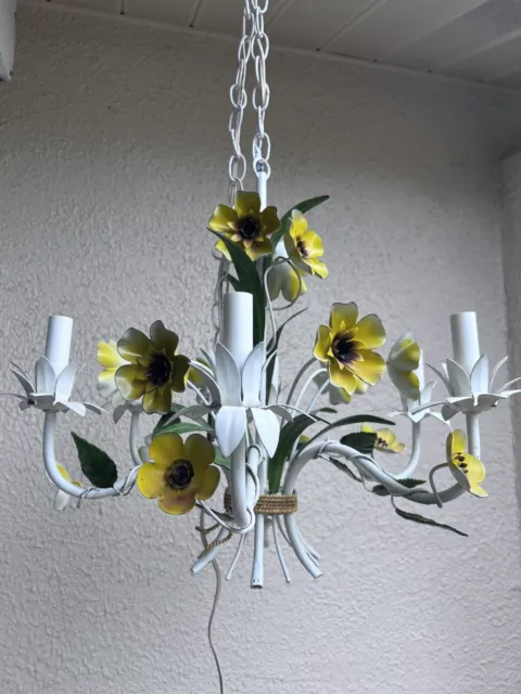 Vintage Italian TOLE Metal  Flower Light FIXTURE Chandelier Garden MCM 60s 70s