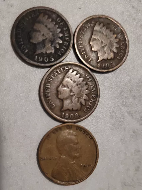 Indian Head Cent, Lot of 3, Plus a Bonus 1926 Lincoln Penny--1905, 1907 & 1908.