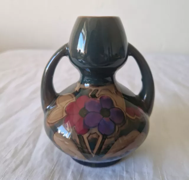 Vintage Gouda Studio Art Pottery Small Urn Vase Holland Green with Flowers