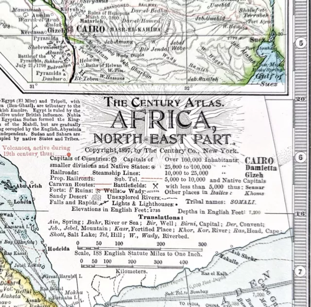 1899 Northeast Africa Map ORIGINAL Somalia Egypt Tripoli STEAMSHIP RAILWAYS