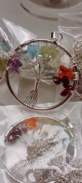Pendant Necklace Natural Gemstone Tree of Life 7 Chakra Healing Crystal Charm