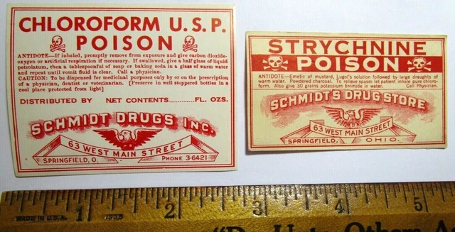 Springfield OHIO - Schmidt's Drug Store TWO POISON LABELS - E9E-39