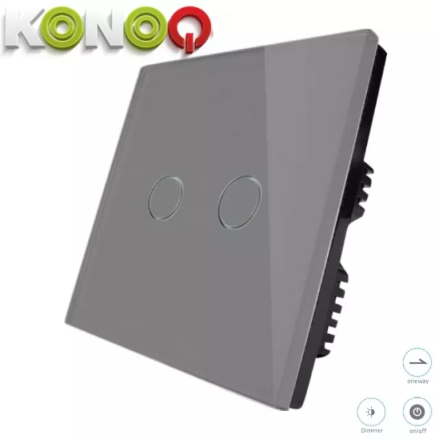 KONOQ Lux. Glass Panel Touch LED Light Smart Switch:GREY TOUCH DIMMER 2GANG/1WAY