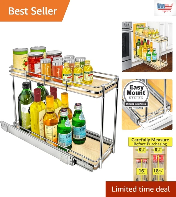 Elite Narrow Pull Out Cabinet Organizer - Heavy-Duty Laminated Wood and Chrome