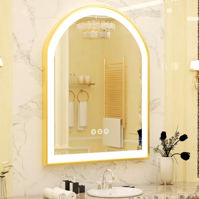 900x600mm LED Bathroom Mirror Gold Aluminum Frame Arch Light Vanity Wall Mirror