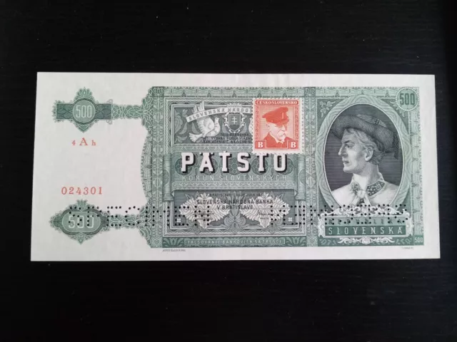 Slovakia 500 korun 1941 aUNC banknote stamp scarce specimen Slovakia paper money