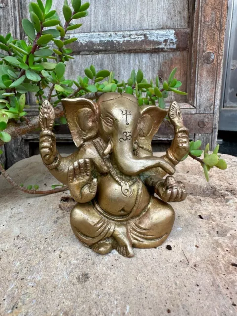 Antique Old Original Hand Crafted Brass Sitting Hindu God Ganesha Statue