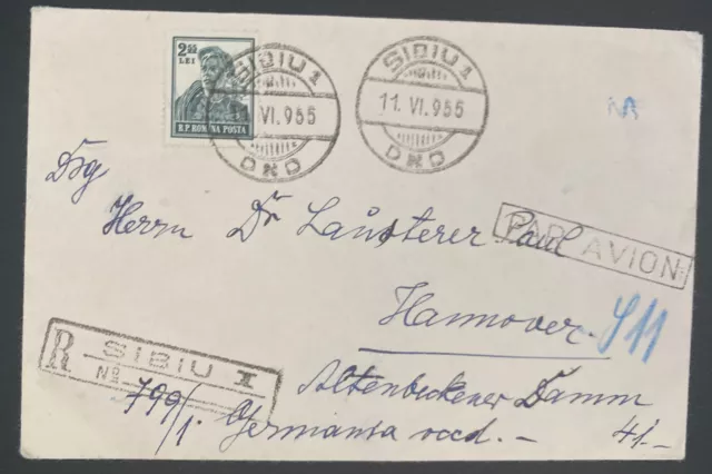 1955 Sibiu Romania Registered Airmail Cover To Hannover Germany