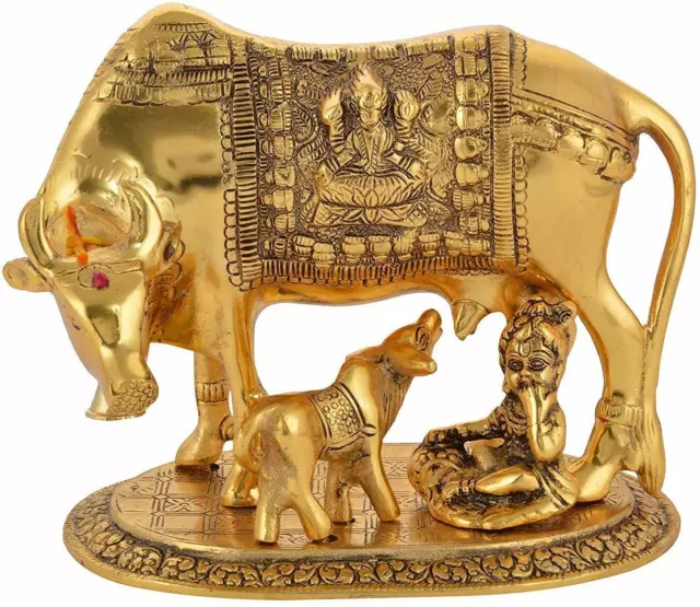 Métal Artisanat Kamdhenu Vache Avec Calf Et Krishna Figurine Décorative Cadeau