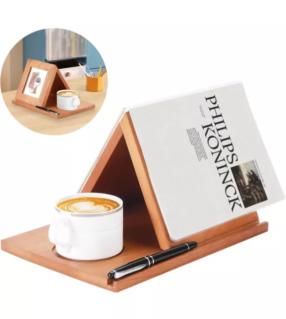 Book Stand Wooden Triangle Book Holder Book Rest with Cup Holder Small Booksh...