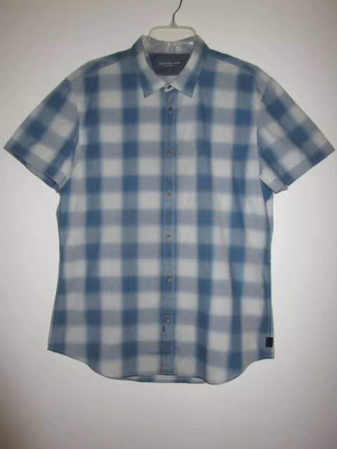 Calvin Klein Jeans Men's Short Sleeve Button Down Light Blue Plaid Shirt Size L