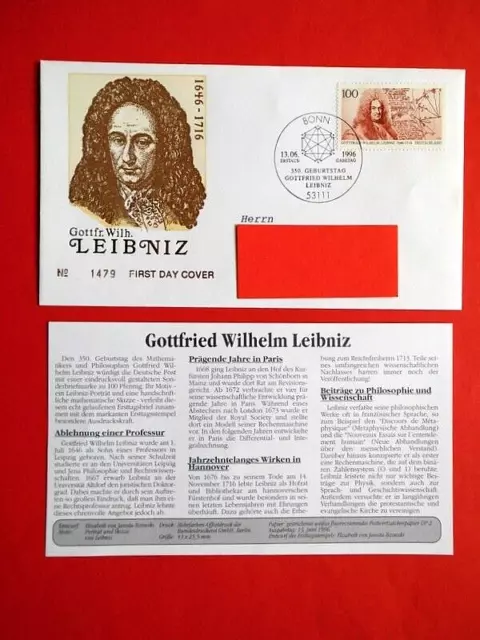 Brief Ersttagsbrief BRD 1996 Geburtstag G. W. Leibnitz Mi. Nr. 1865 FDC-Stempel