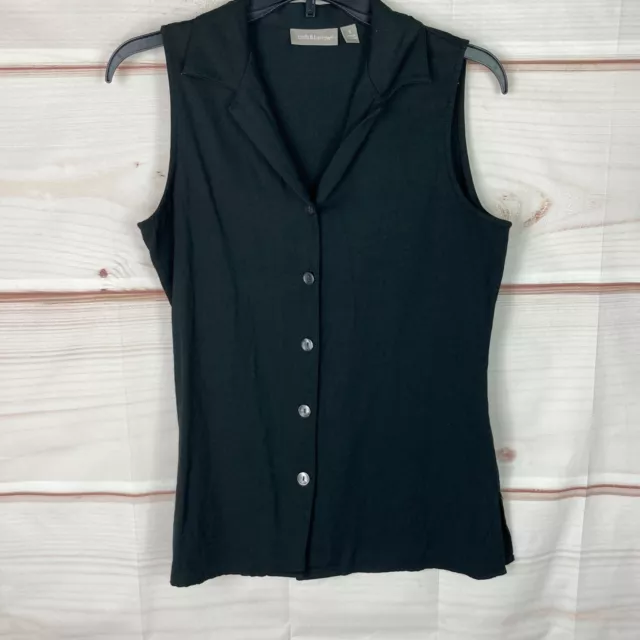 Croft & Barrow Button Up Sleeveless Womens Top Black Stretch Collar V-Neck Small