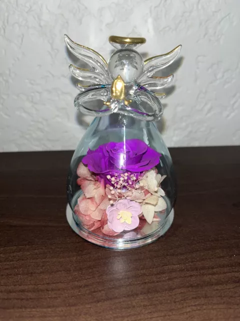 Preserved Purple Rose In Glass Angel Figurine Christmas Birthday Gift for Women