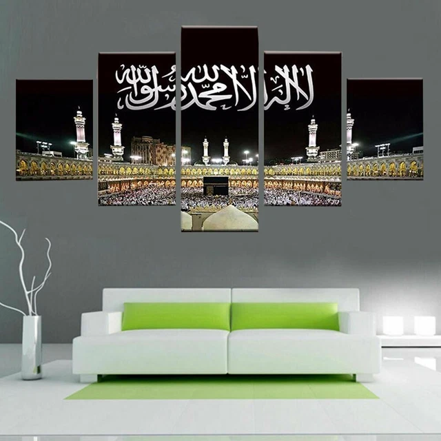 Superbe ensemble imprimé 5 pièces sur toile noire de La Mecque et du Hajj parf