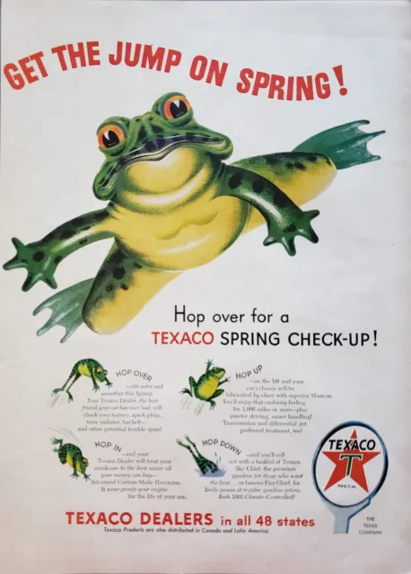 1954 Texaco Spring Check-Up Get The Jump On Spring Frogs Hop Up Down In Print Ad