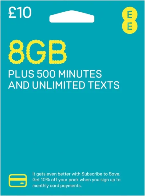 Official EE Sim Card Pay As You Go PAYG £10 PRELOADED Pack 8GB Data, Unltd SMS
