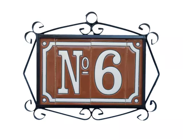 11cm x 5.5cm French Hand-painted Ceramic Brown Number Tiles & Metal Frames