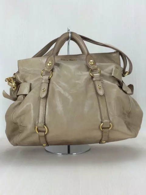 Auth miu miu VITELLO LUX Handbag Purse Leather Beige used from Japan