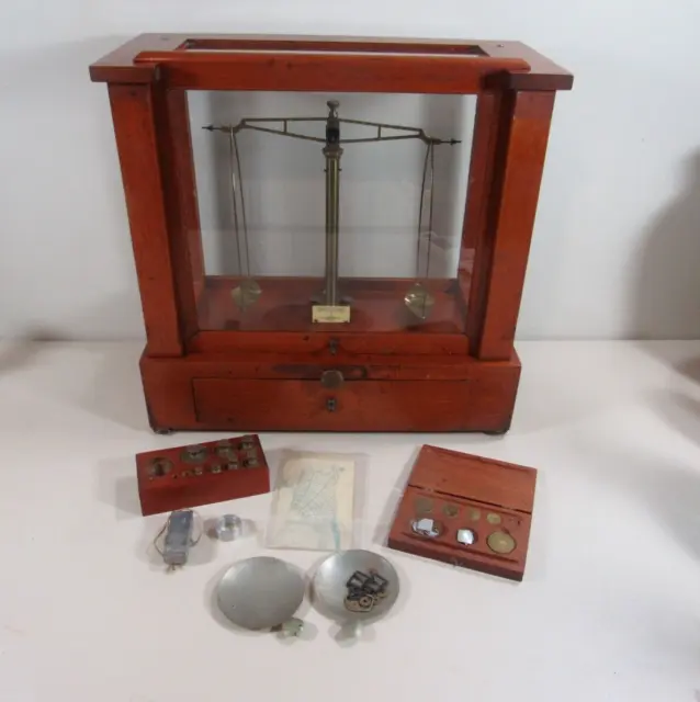 Antique Vintage Arthur H. Thomas Wood Glass Gold Apothecary Balance Scale