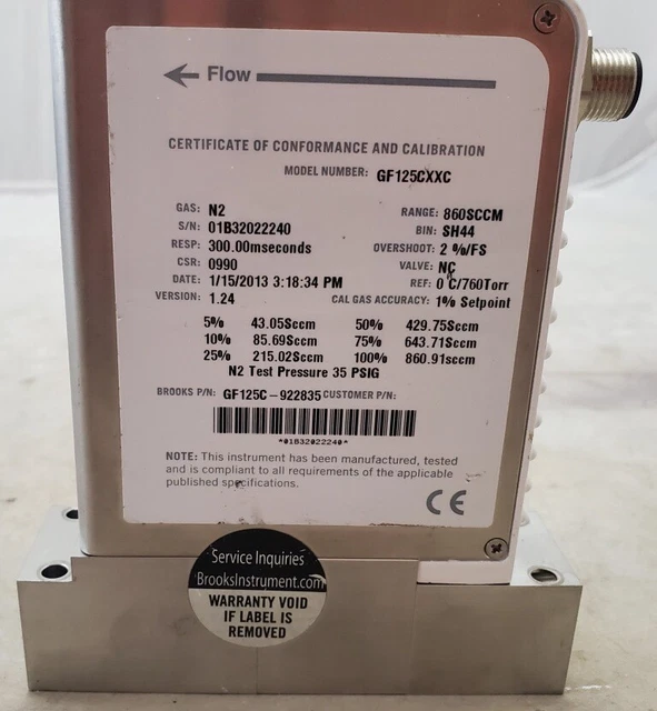 Brooks GF125CXXC Mass Flow Controller GF125C-922835 860 SCCM N2 MFC GF125C Brooks GF125CXXC Mass Flow Controller GF125C-922835 860 SCCM N2 MFC GF125C