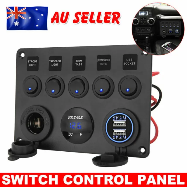 5 Gang 12V Switch Panel 2 USB ON-OFF Toggle for Car Boat Marine RV Truck Camper