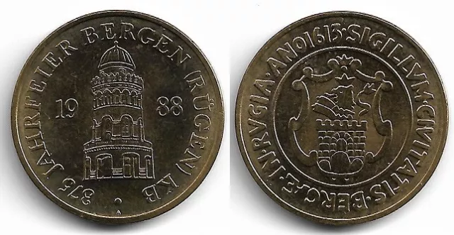 DDR-Medaille Bergen auf Rügen 375 Jahre Stadtrecht 1988 A, KB vermutl. Messing