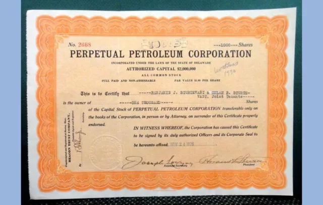 1926 VINTAGE perpetual petroleum stock certificate 1000 sh sturtevant sturte