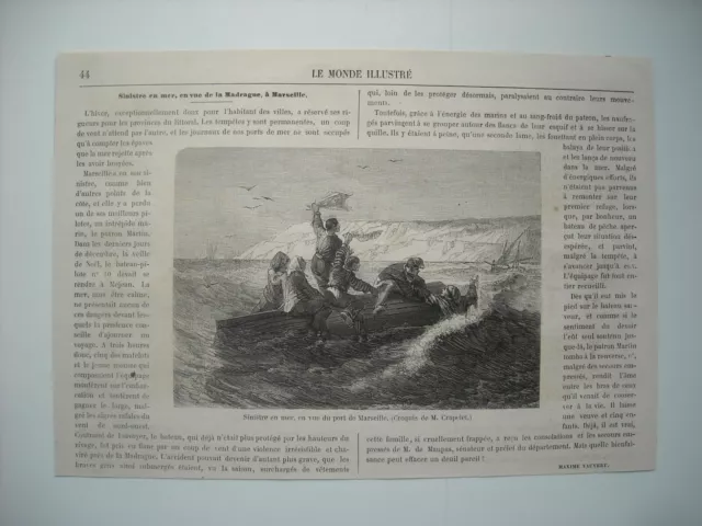 1863 Engraving. Disaster At Sea, In View Of The Port Of Marseille. Death Of The Marine Patron
