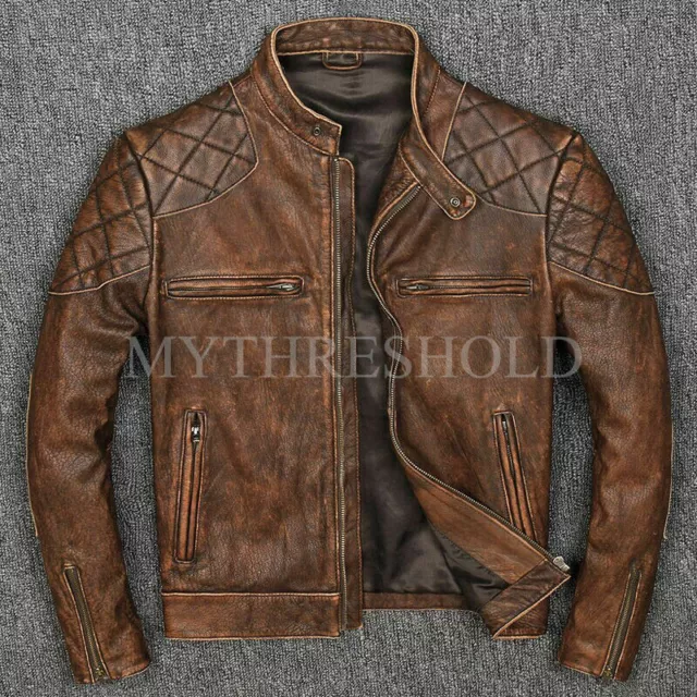 Mens Vintage Distressed Brown Motorcycle Genuine Biker's Cow-Hide Leather Jacket
