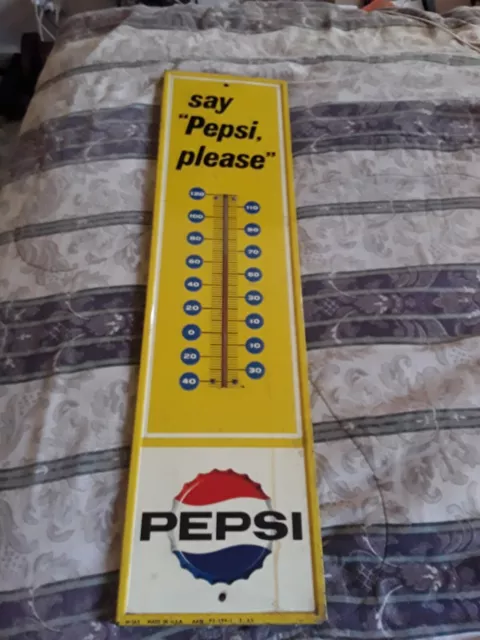 Vintage Metal Pepsi Sign Thermometer Working 27x7 M-165  Say Pepsi Please 1960s