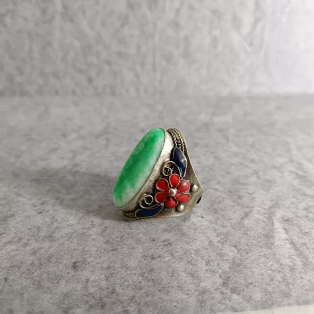 Exquisite Old Chinese tibet silver Cloisonne inlay green jade handmade ring 5901