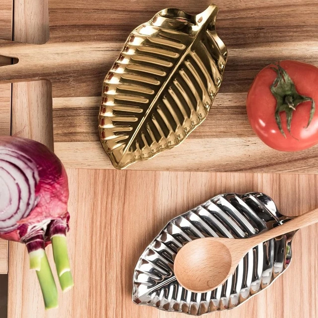 2 PCS LEAF Shape Spoon Rest Golden Silver Kitchen Decorative Tray
