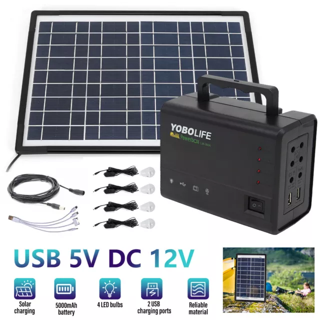 Solar Power Generator with Solar Panel Kit Portable Electric Battery Pack+4Bulbs