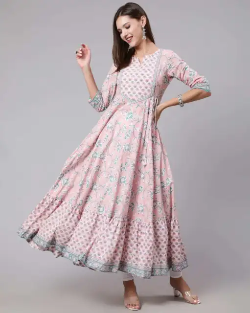 Abito Donna Indiana Stampa Foglia Cotone Svagliato Kurta Kurti Top Tunica Pakistano