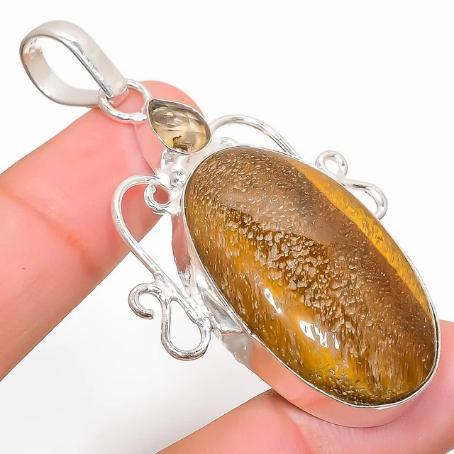 Tiger Eye, Topaz Gemstone Handmade 925 Sterling Silver Jewelry Pendant 2.52"