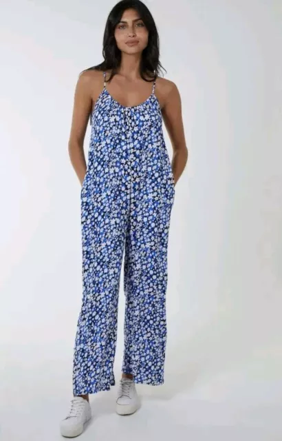 Blue Vanilla Wide Leg Jumpsuit  Blue Floral Pockets Size M 12/14 BNWT