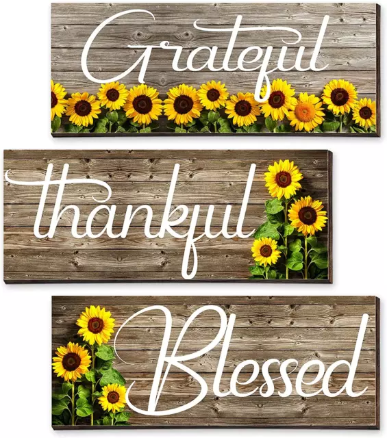 3 Pcs Sunflower Wall Decor Grateful Thankful Blessed Wall Art Signs Wooden Hangi
