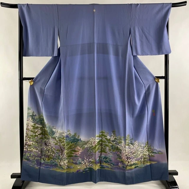 Woman Japanese Kimono Iro-Tomesode Silk Crest Landscape Pine PlumBlossom Purple