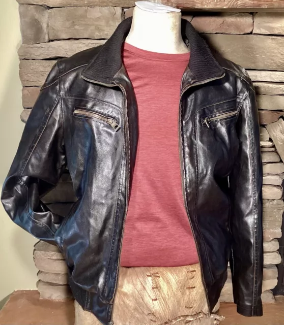 Vintage Guess Mens Lg,Leather Brown Bomber Zipper Coat Medium FullyLined Pockets
