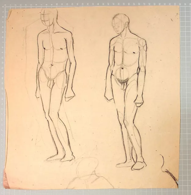 Alte originale Zeichnung, Papier, Männer Akt Aktstudie Vorder & Rückseite Motive