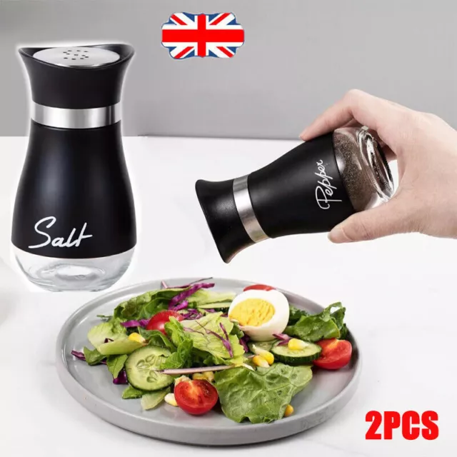 Pack of 2 Salt And Pepper Shakers Pots Dispensers Cruet Jars Set Black Silver