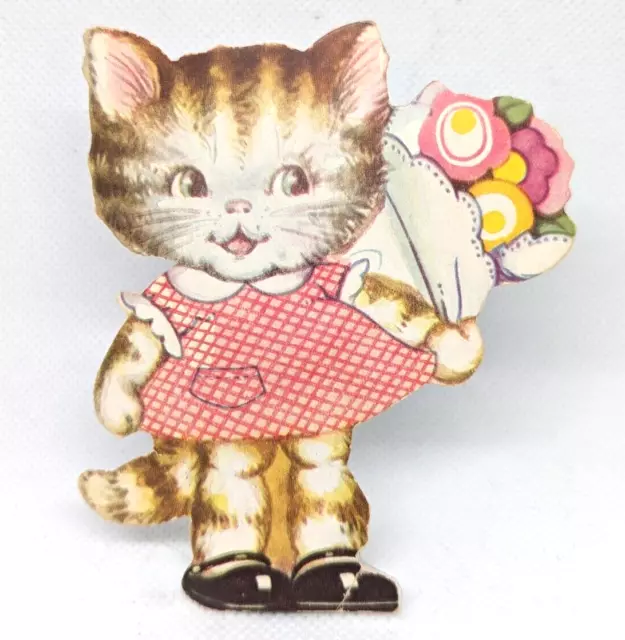 Vtg Valentine 1930's Kitten Cat Bouquet Flowers Used USA Greeting Card (EB7679)