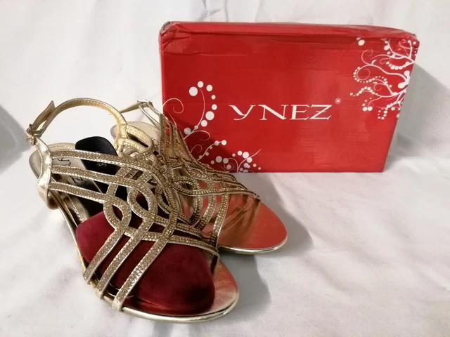 YNEZ - Gold Open toe, 2.5" Heeled Strappy Sandal with Diamante Decor Size UK 6