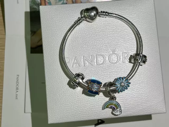 Pandora 925 Silver Bracelet  Rainbow Dangle Charm 7.5 Inch New With Box