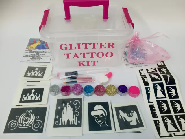 GLITTER TATTOO KIT 90 large 24mini stencils 8glitters boy girl OR REFILLS